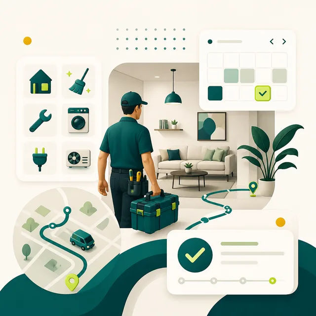 Ilustrasi booking untuk Servis AC, Cleaning, Pijat & salon panggilan, Teknisi rumah
